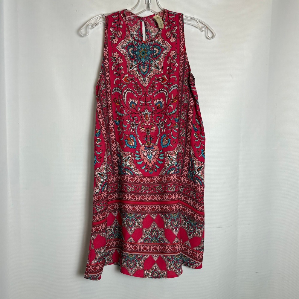 Allison Joy Pink Paisley Medallion Mini Shift Dress Womens XS High Neck Boho USA